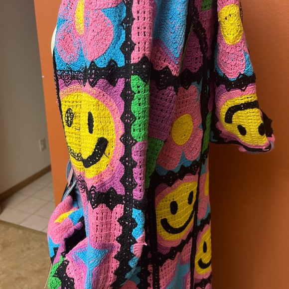 Colorful Crochet Cardigan dusterwith Smiley Faces. Smile all day!! - Picture 9 of 16